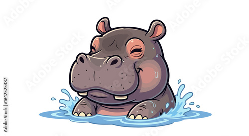 happy hippo in water cartoon illustration for kids projects