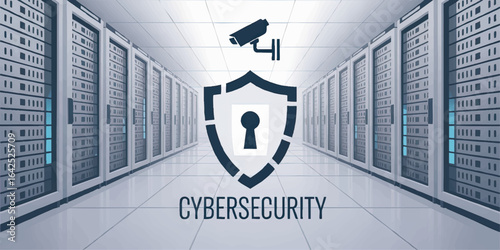 Cybersecurity Concept in Data Center – Secure Server Room with Shield, Keyhole, CCTV Camera Icon, and Digital Protection Theme