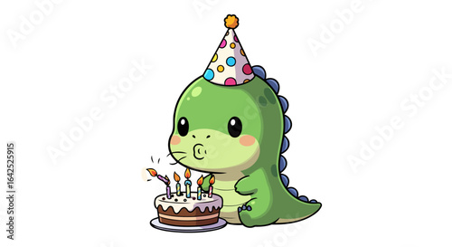 adorable dinosaur blowing out candles on birthday cake