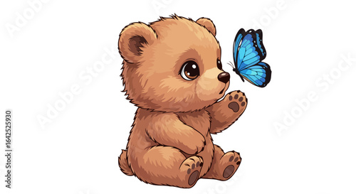 adorable baby bear cub meets blue butterfly gentle nature illustration