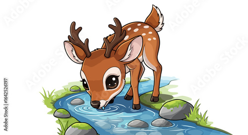 adorable fawn quenching thirst cartoon illustration for kids books