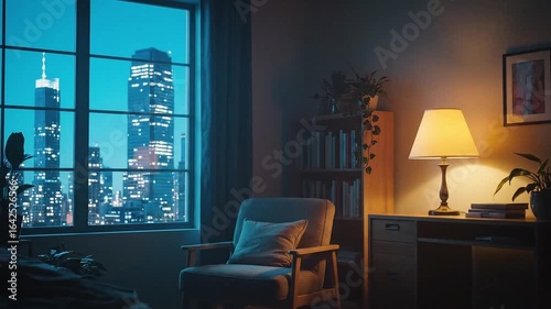 Wallpaper Mural Interior of a cozy modern living room with warm lighting and city skyline view at night Torontodigital.ca