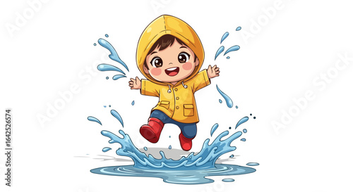 joyful child in yellow raincoat jumping in puddle happy rainy day fun
