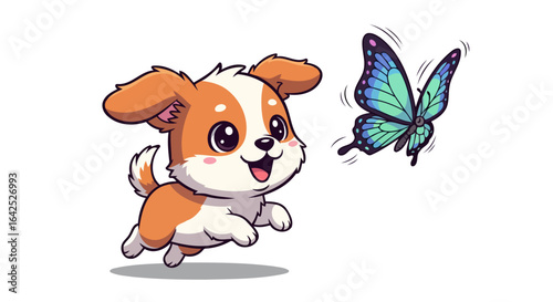 playful puppy chasing vibrant butterfly adorable cartoon illustration