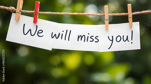 Message We will miss you written on white paper, hung with clothespins on rope. Concept of farewell, leaving, good bye note. Blurred green nature background. Love message, farewell concept.