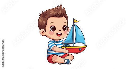 happy toddler boy playing with toy sailboat perfect for childrens books