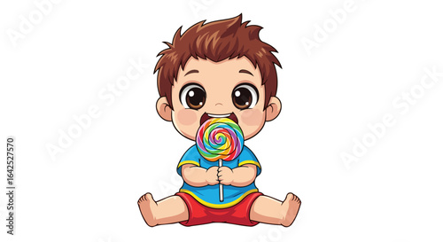 adorable toddler joyfully devouring rainbow lollipop