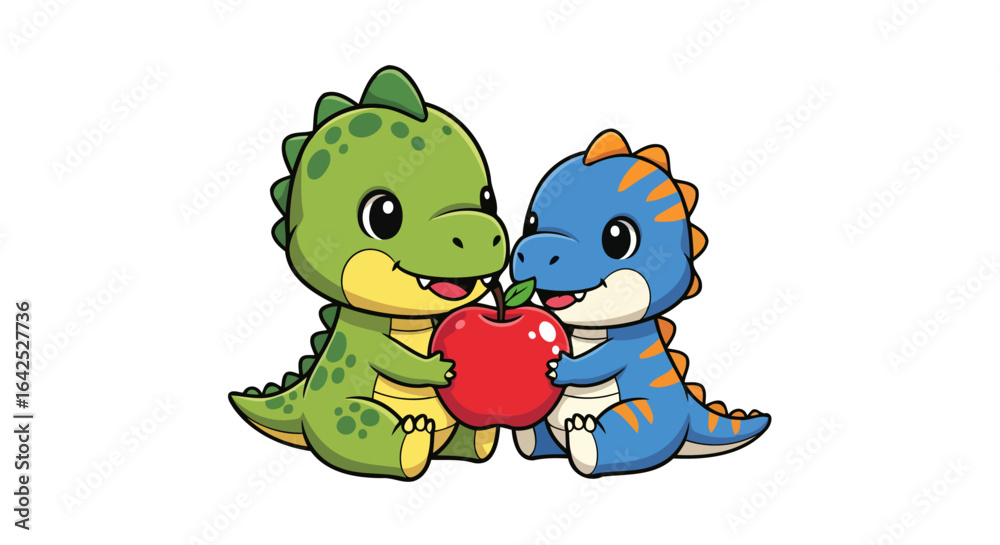 Fototapeta premium adorable dinosaur duo sharing a red apple perfect for kids education