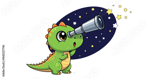 cute dinosaur astronomer stargazing with telescope for kids