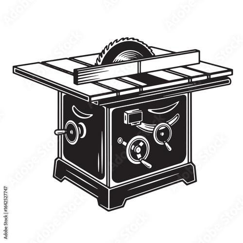 Black and white illustration of a table saw representing carpentry and woodworking concepts