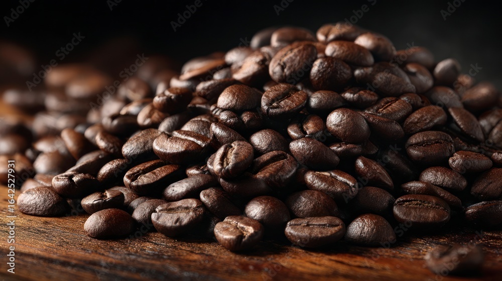 Fototapeta premium Roasted coffee beans pile on wooden surface