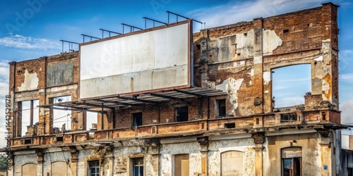Decaying billboard clinging to crumbling old building facade