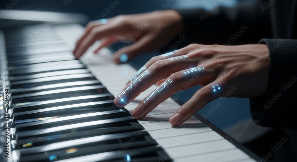 Obraz premium Hands with cybernetic enhancements playing piano keys