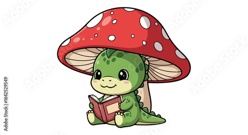 adorable dragon reading under mushroom perfect for childrens books