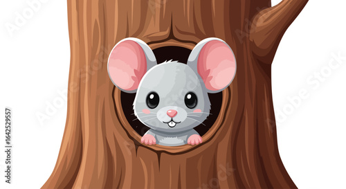 adorable mouse peeking from tree trunk hole charming cartoon illustration