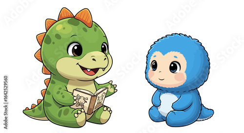 adorable dinosaur and fuzzy friend reading together perfect for childrens books
