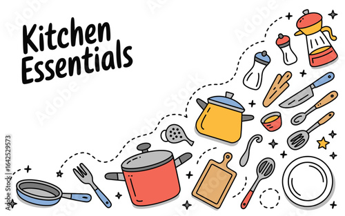 Kitchen Essentials Doodle Art with Color cooking food
