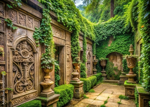Muted stone walls with intricate carvings of vines and lush greenery