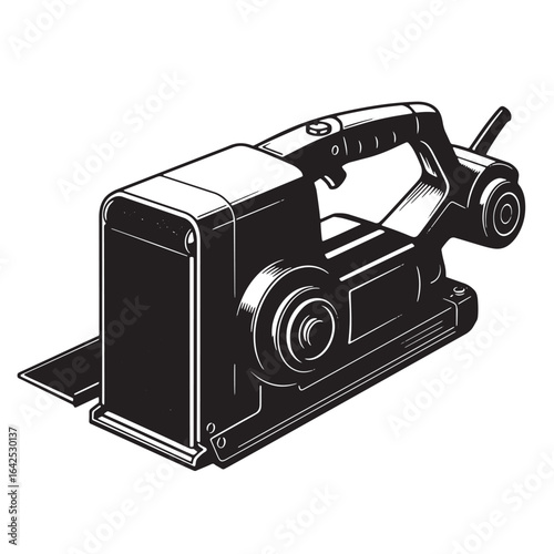 Detailed black and white illustration of a handheld power planer tool for woodworking projects