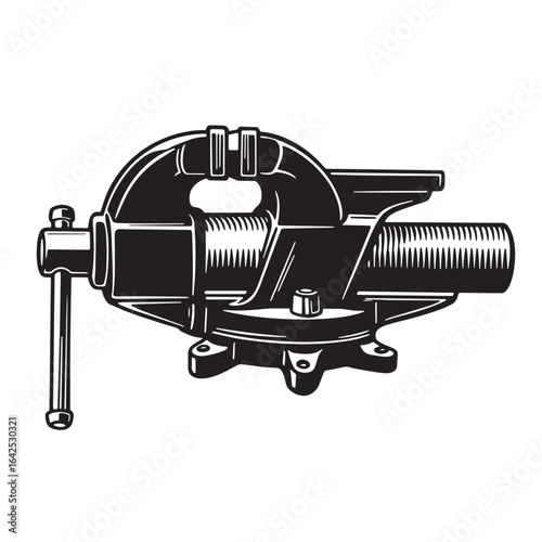 Detailed black and white illustration of a heavy duty metal bench vice tool