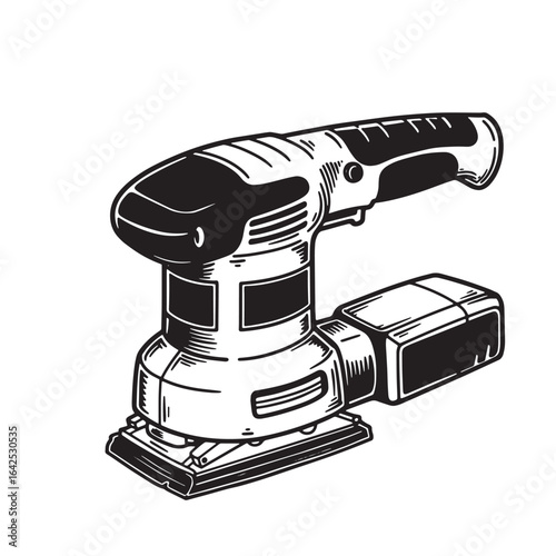 Detailed black and white illustration of a professional orbital sander power tool