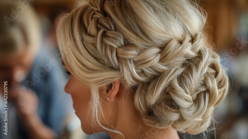Blonde hair is braided beautifully into an elegant updo. Ideal for wedding, beauty, or special occasion hair styles.