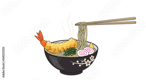 Delicious steaming bowl of tempura udon noodle soup with shrimp and narutomaki a traditional japanese dish