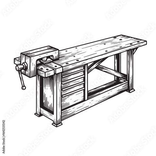 Detailed hand drawn illustration of a classic woodworking workbench with a vise and drawers