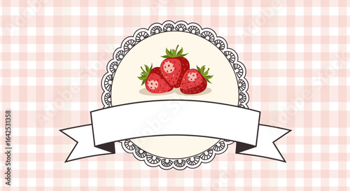 Delicious strawberry summer harvest collection sweet red fruit dessert decoration vintage lace label banner background design