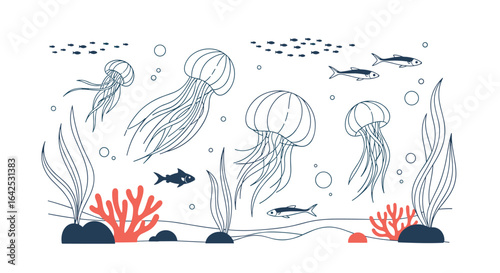 A beautiful underwater scene featuring graceful jellyfish swimming among coral reefs and schools of small fish