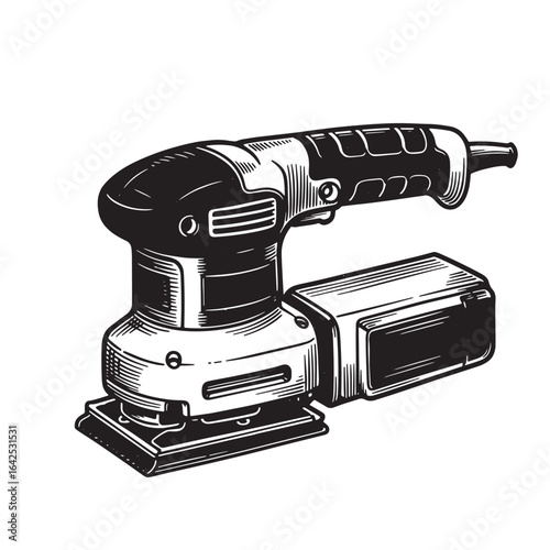 Detailed hand drawn illustration of a power orbital sander tool for woodworking projects