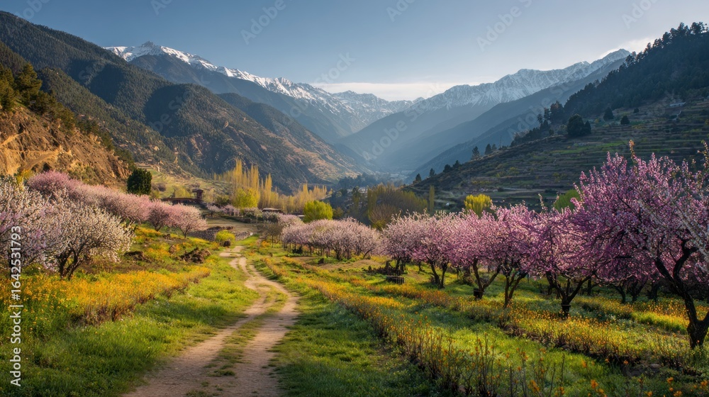 Obraz premium Springtime valley path with blooming fruit trees