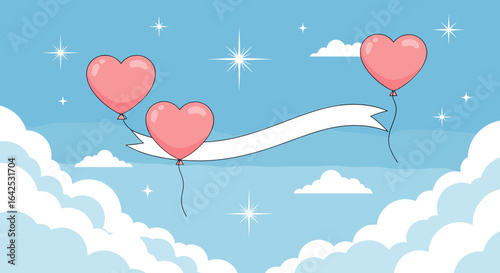 Pink heart balloons floating gracefully across a sky filled with soft clouds and twinkling stars