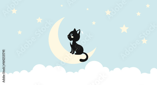 Adorable black cat sitting on a crescent moon surrounded by fluffy clouds and twinkling stars on a beautiful pastel sky