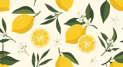 A refreshing pattern of bright yellow lemons with green leaves and delicate white blossoms scattered across a soft cream background