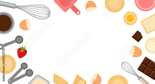 Baking ingredients and tools displayed in a decorative frame for a culinary theme with a blank space for text