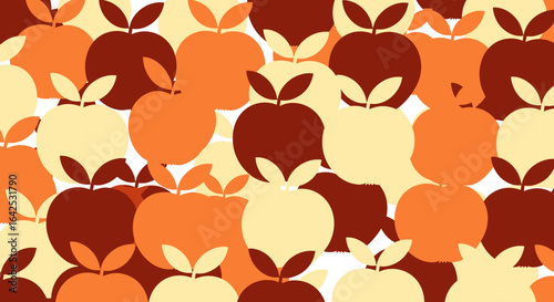 A vibrant autumn pattern featuring a repeating arrangement of stylized apples in various shades of orange brown and cream colors creating a festive seasonal display