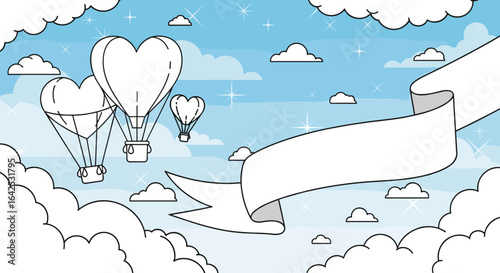 Romantic hot air balloons shaped like hearts floating up towards the sky amidst fluffy clouds