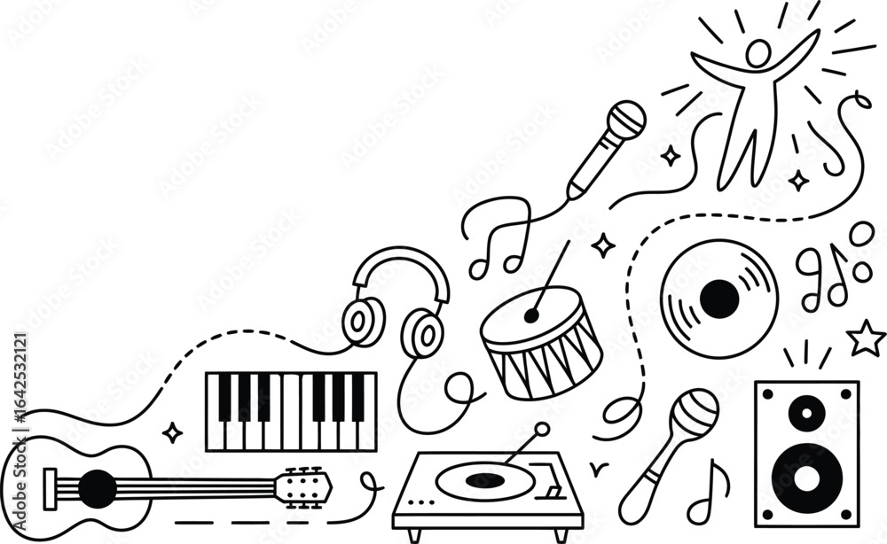 Obraz premium Music doodle elements with happy person and instruments