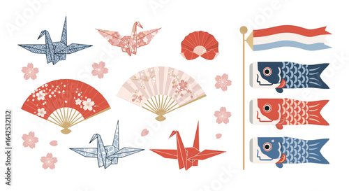 Japanese festival decorations featuring origami cranes decorative fans and koinobori carp streamers
