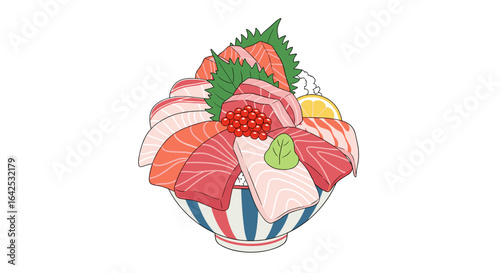 A generous serving of fresh sashimi in a decorative bowl overflowing with seafood delights
