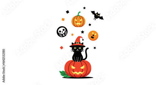 A spooky black cat in a witch hat sits atop a jack-o-lantern surrounded by halloween symbols