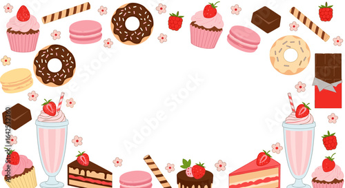 A delicious assortment of sweet treats including cakes macarons milkshakes and chocolate bars