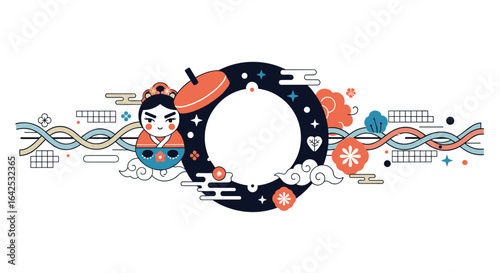 Whimsical japanese inspired geometric design with traditional doll and abstract elements