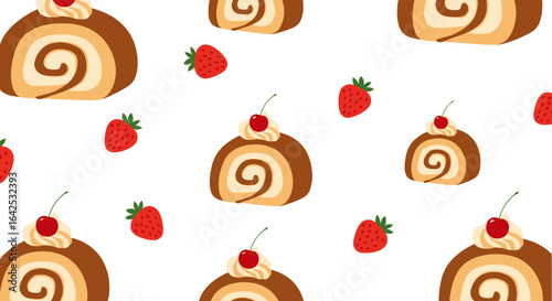 Delicious rolled swiss cake slices adorned with cream strawberries and cherries a whimsical dessert pattern
