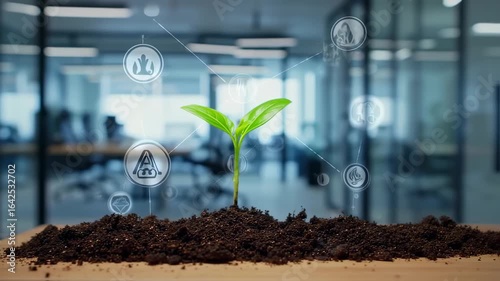 Fresh sprout emerges in contemporary office, symbolizing business growth strategy