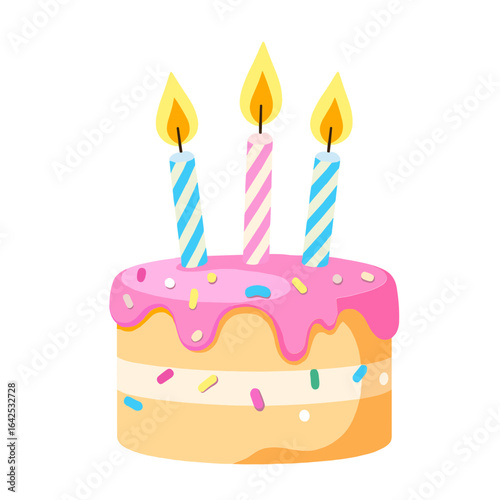 Delicious pink birthday cake with three lit candles, perfect for celebration themes, party invitations, and festive designs.