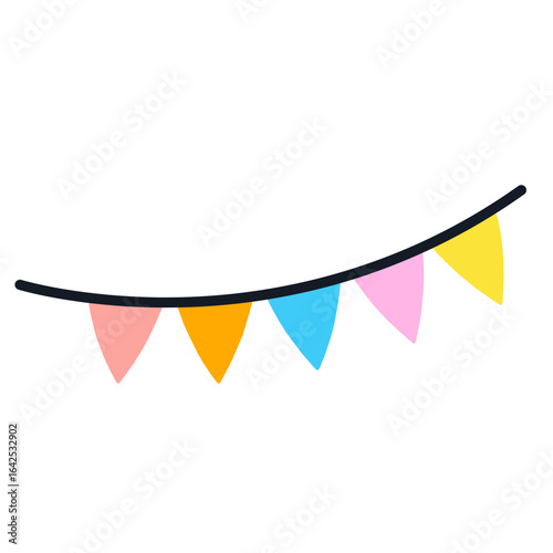Colorful triangular bunting garland with festive pastel flags hanging on a black string for party decoration or celebration events.