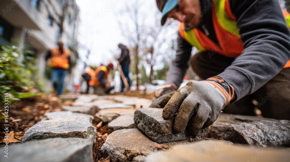 Fototapeta premium Focused medium shot of a crew member aligning stones for footpath restoration wearing gloves and safety gear while the surrounding teammates and environment fade into a gentle