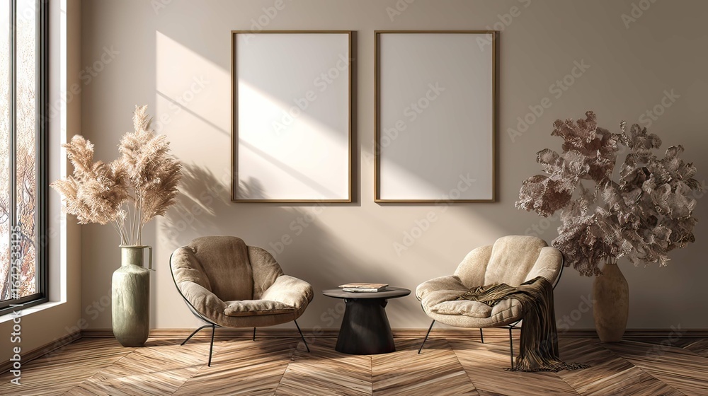Fototapeta premium a modern living room setting with a clean, minimalist aesthetic. a plush armchair is positioned in front of a large window allowing natural light to fill the space